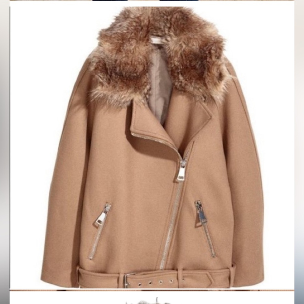 NEW H&M OVERSIZED MOTO WOOL BLEND JACKET IN TAN SZ 2 - Picture 2 of 5
